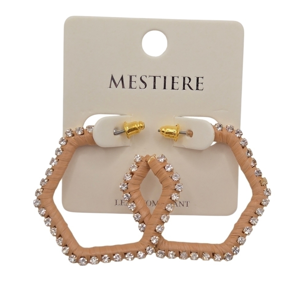 MESTIERE Womens Gold Small Rhinestones 3/4 Hexagon Hoops NWT